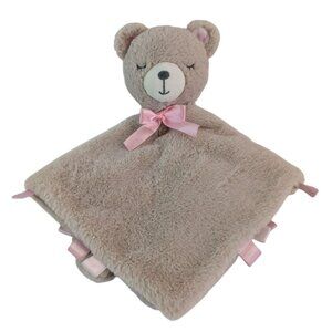 Brown Sleeping Teddy Bear Lovey Baby Security Blanket Pink Bow Tags Rattle